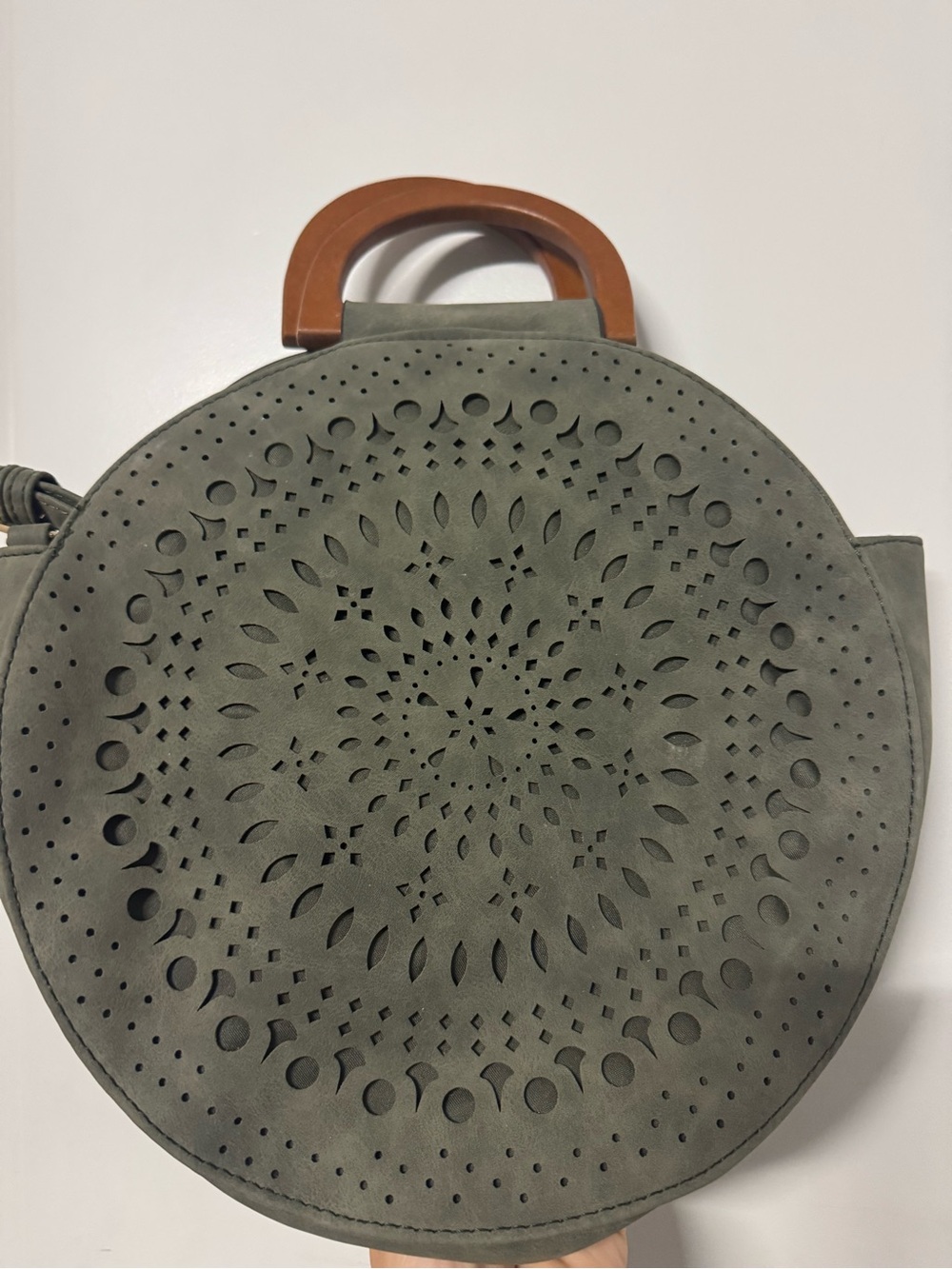 Round Olive Green Laser-Cut Suede Handbag with Tan Handles